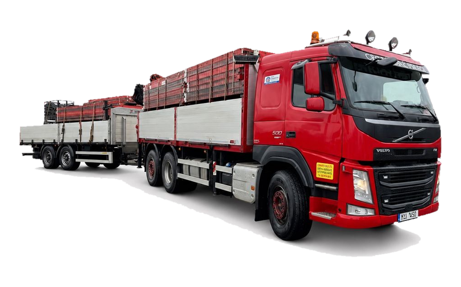 Valník Volvo FM 500 s hydraulickou rukou a přívěsem